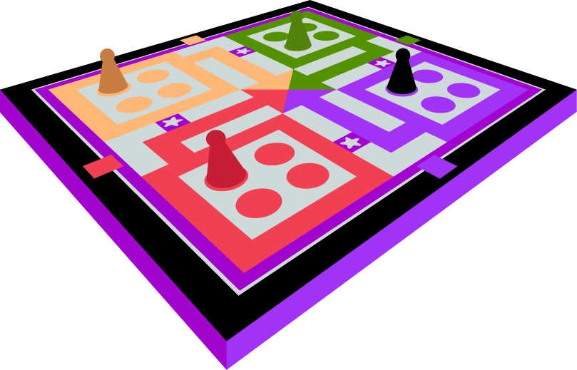 Een kleurrijk 3D-bordspel bestaat uit vier velden in de kleuren oranje, groen, rood en paars. Elk veld heeft een bijpassend speelstuk en cirkelvormige paden, wat zorgt voor een speelse sfeer